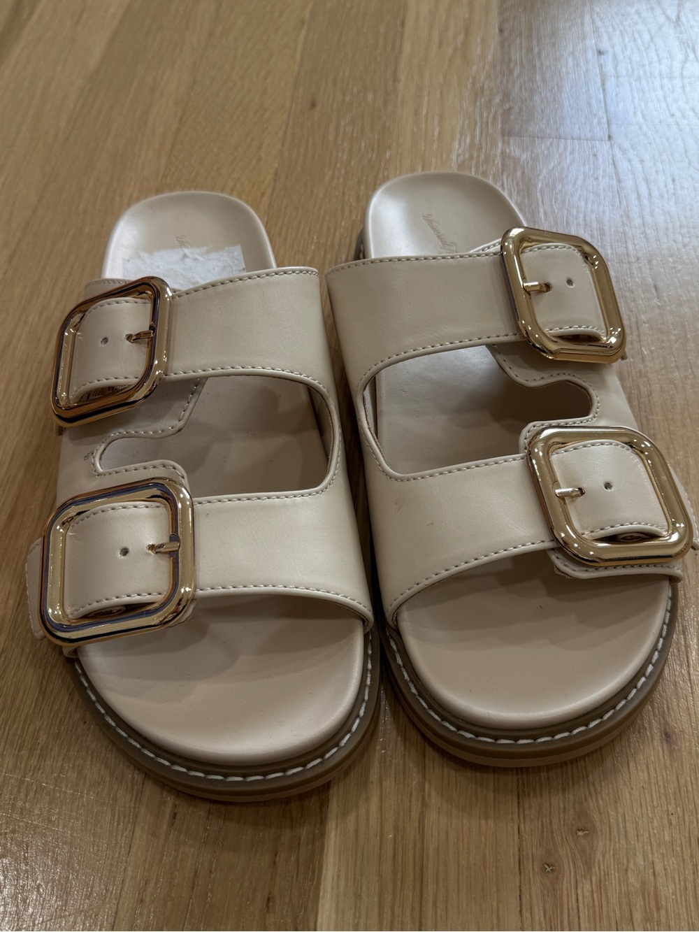 Universal Thread Cream Double-Buckle Slide Sandals with Gold Buckles